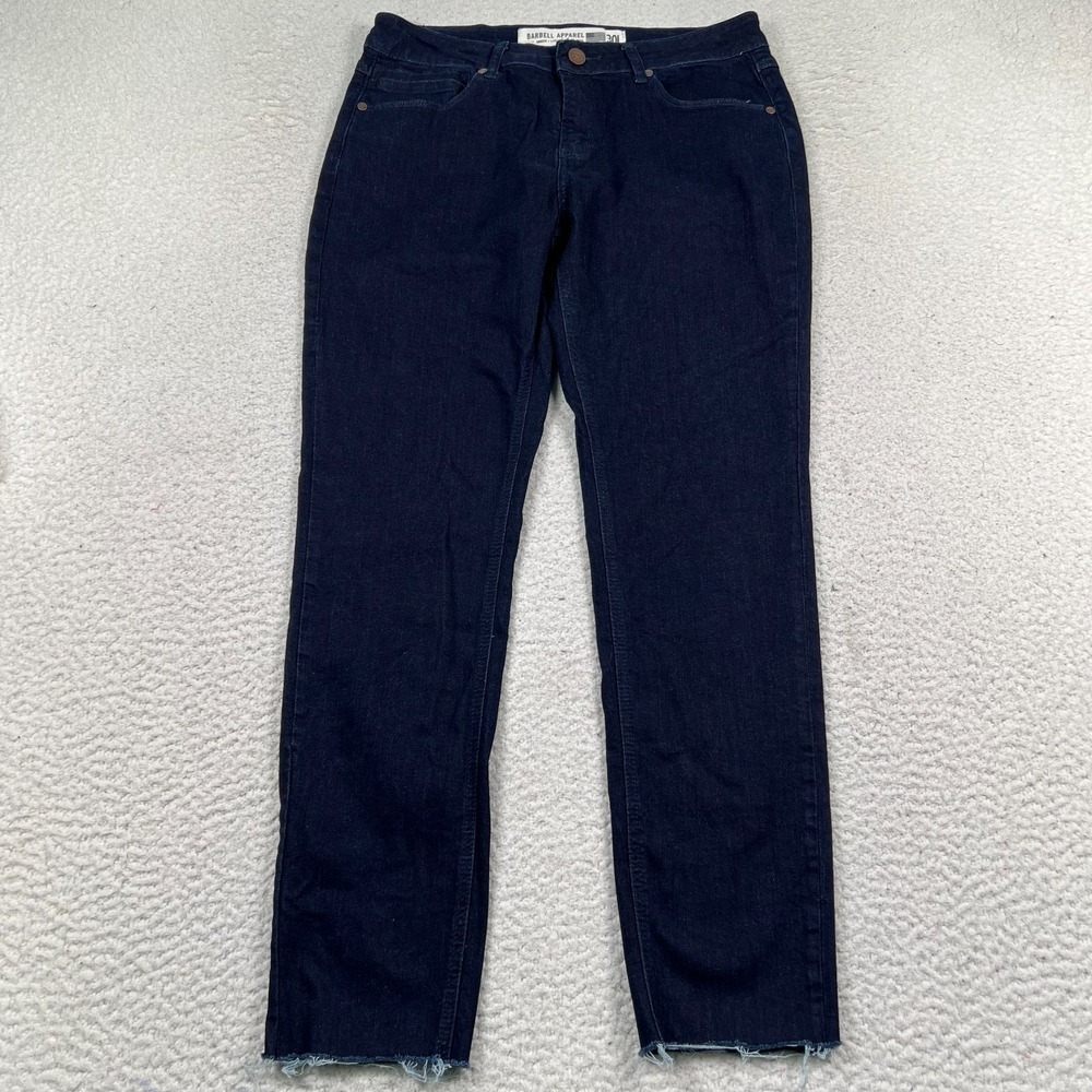 Barbell Apparel Straight Jeans Women 30 L Dark Wash Mid Rise Raw Hem Stretch 29L